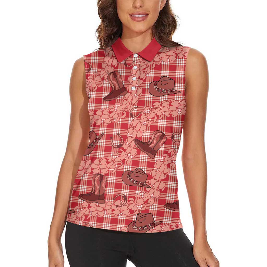 Red Palaka Hawaii Cowboy Women Sleeveless Polo Shirt Puakenikeni Lei Paniolo Papale Seamless Vibes - Polynesian Pride