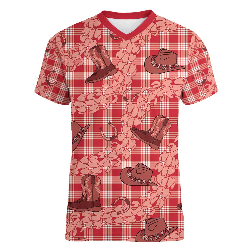 Red Palaka Hawaii Cowboy Women V-Neck T-Shirt Puakenikeni Lei Paniolo Papale Seamless Vibes - Polynesian Pride