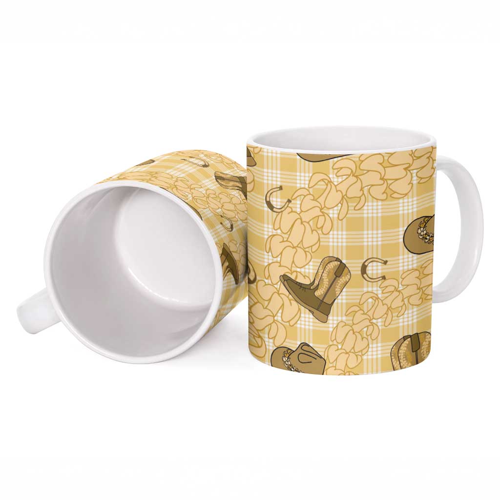 Yellow Palaka Hawaii Cowboy Ceramic Mug Puakenikeni Lei Paniolo Papale Seamless Vibes - Polynesian Pride