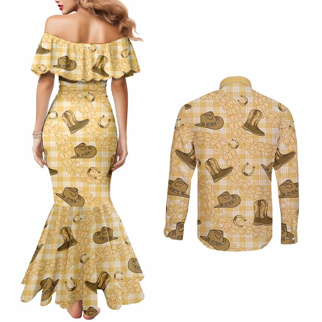 Yellow Palaka Hawaii Cowboy Couples Matching Mermaid Dress and Long Sleeve Button Shirt Puakenikeni Lei Paniolo Papale Seamless Vibes - Polynesian Pride