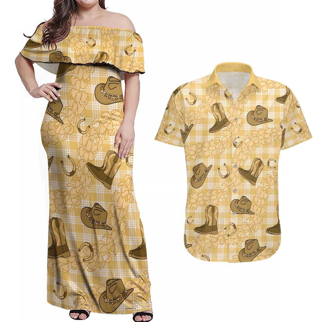 Yellow Palaka Hawaii Cowboy Couples Matching Off Shoulder Maxi Dress and Hawaiian Shirt Puakenikeni Lei Paniolo Papale Seamless Vibes - Polynesian Pride