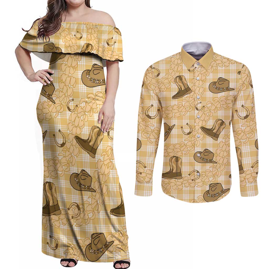 Yellow Palaka Hawaii Cowboy Couples Matching Off Shoulder Maxi Dress and Long Sleeve Button Shirt Puakenikeni Lei Paniolo Papale Seamless Vibes - Polynesian Pride