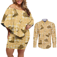 Yellow Palaka Hawaii Cowboy Couples Matching Off Shoulder Short Dress and Long Sleeve Button Shirt Puakenikeni Lei Paniolo Papale Seamless Vibes - Polynesian Pride