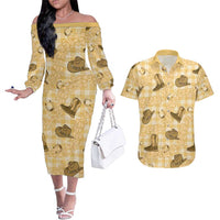 Yellow Palaka Hawaii Cowboy Couples Matching Off The Shoulder Long Sleeve Dress and Hawaiian Shirt Puakenikeni Lei Paniolo Papale Seamless Vibes - Polynesian Pride