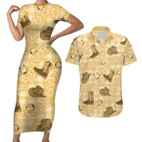 Yellow Palaka Hawaii Cowboy Couples Matching Short Sleeve Bodycon Dress and Hawaiian Shirt Puakenikeni Lei Paniolo Papale Seamless Vibes - Polynesian Pride