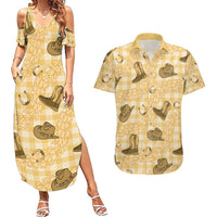 Yellow Palaka Hawaii Cowboy Couples Matching Summer Maxi Dress and Hawaiian Shirt Puakenikeni Lei Paniolo Papale Seamless Vibes - Polynesian Pride