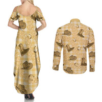 Yellow Palaka Hawaii Cowboy Couples Matching Summer Maxi Dress and Long Sleeve Button Shirt Puakenikeni Lei Paniolo Papale Seamless Vibes - Polynesian Pride