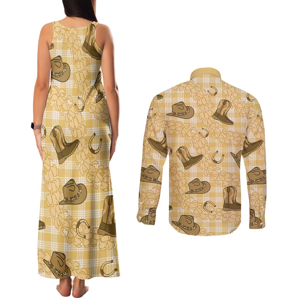 Yellow Palaka Hawaii Cowboy Couples Matching Tank Maxi Dress and Long Sleeve Button Shirt Puakenikeni Lei Paniolo Papale Seamless Vibes - Polynesian Pride