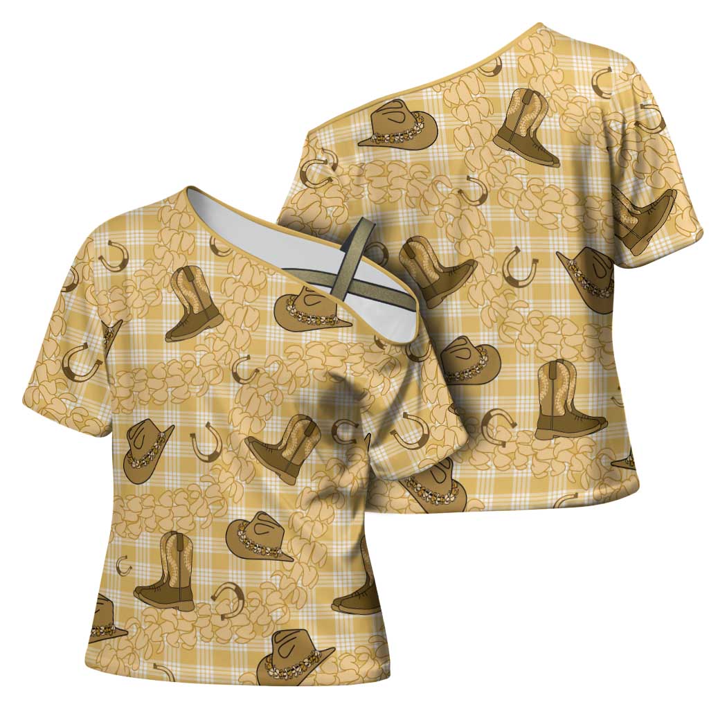 Yellow Palaka Hawaii Cowboy Cross Shoulder Shirt Puakenikeni Lei Paniolo Papale Seamless Vibes - Polynesian Pride