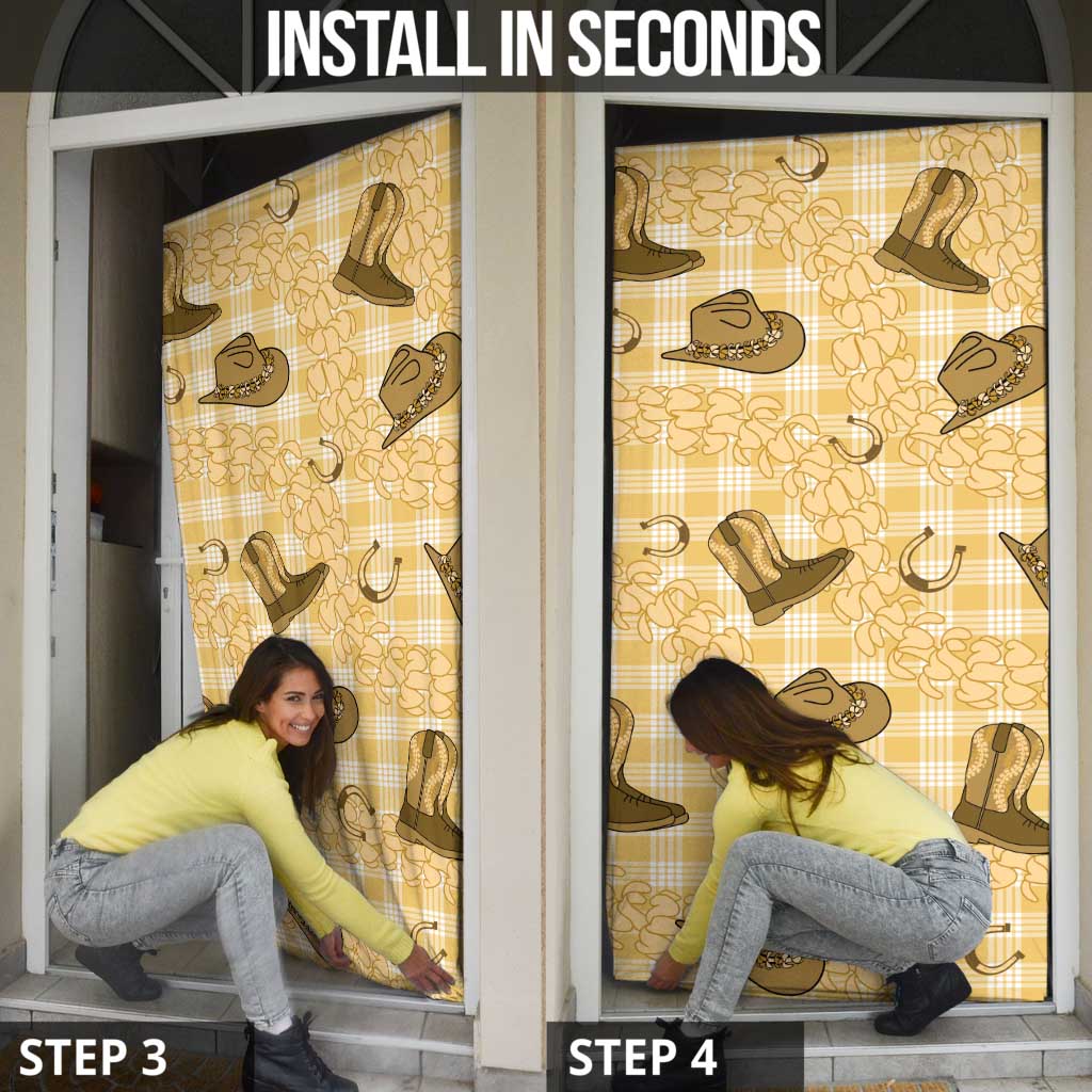 Yellow Palaka Hawaii Cowboy Door Cover Puakenikeni Lei Paniolo Papale Seamless Vibes - Polynesian Pride