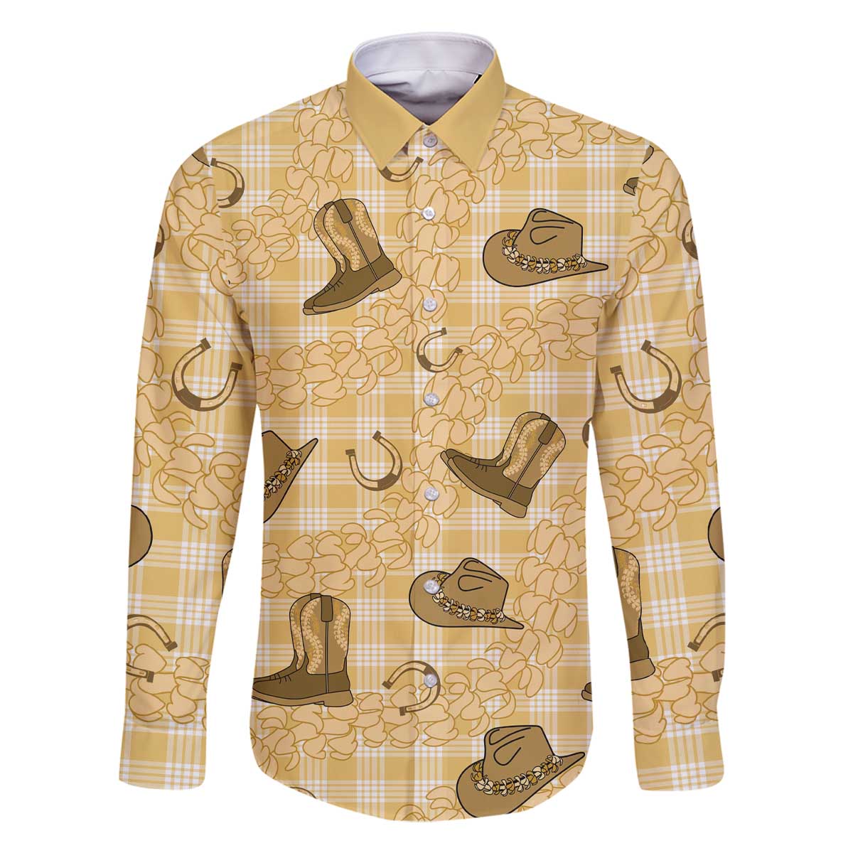 Yellow Palaka Hawaii Cowboy Family Matching Off The Shoulder Long Sleeve Dress and Hawaiian Shirt Puakenikeni Lei Paniolo Papale Seamless Vibes - Polynesian Pride