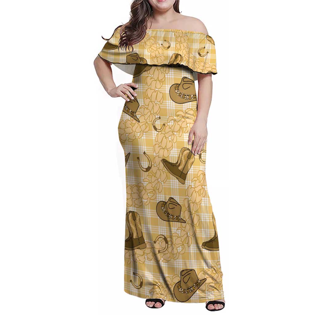 Yellow Palaka Hawaii Cowboy Family Matching Off Shoulder Maxi Dress and Hawaiian Shirt Puakenikeni Lei Paniolo Papale Seamless Vibes - Polynesian Pride