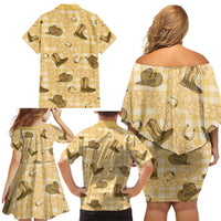 Yellow Palaka Hawaii Cowboy Family Matching Off Shoulder Short Dress and Hawaiian Shirt Puakenikeni Lei Paniolo Papale Seamless Vibes - Polynesian Pride