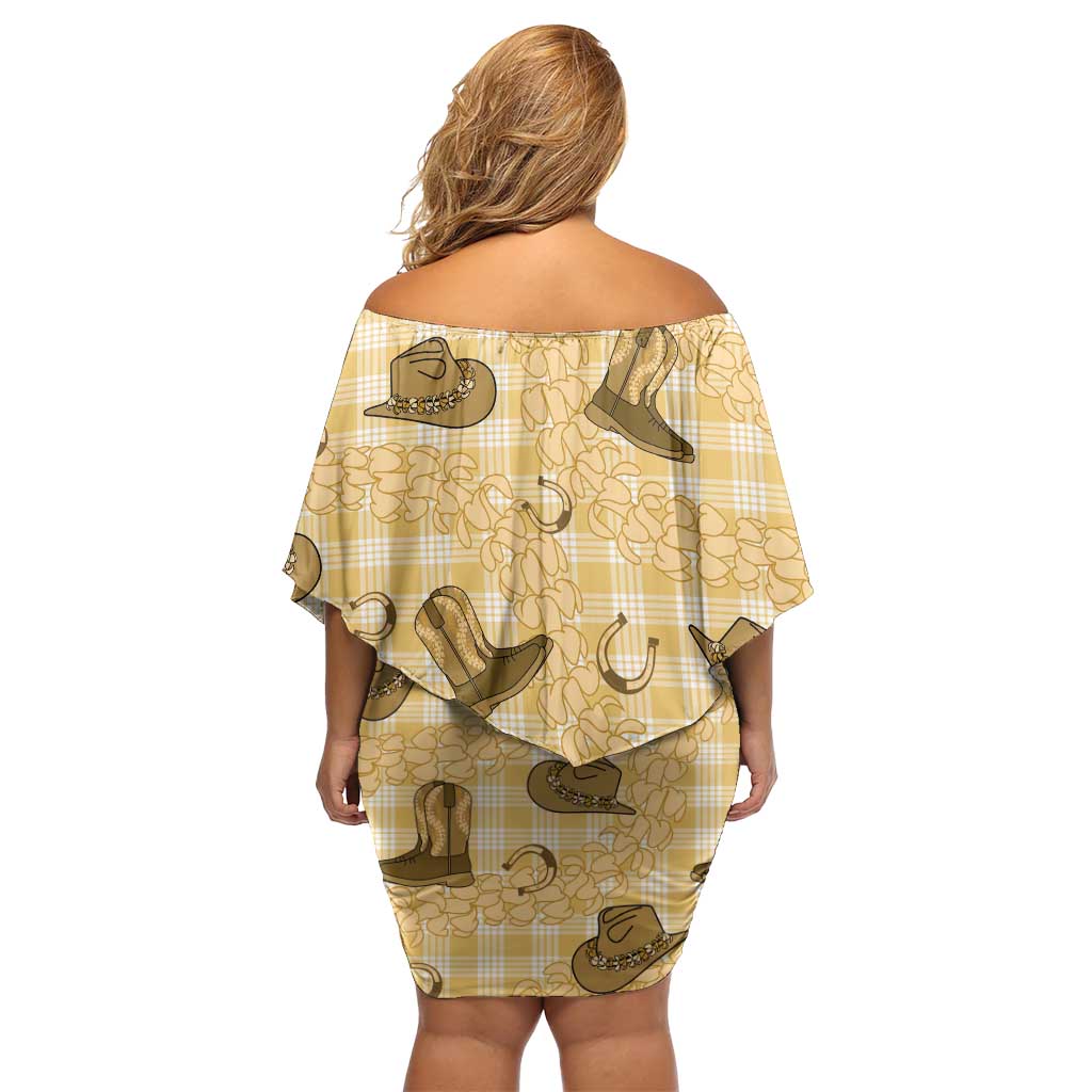 Yellow Palaka Hawaii Cowboy Family Matching Off Shoulder Short Dress and Hawaiian Shirt Puakenikeni Lei Paniolo Papale Seamless Vibes - Polynesian Pride