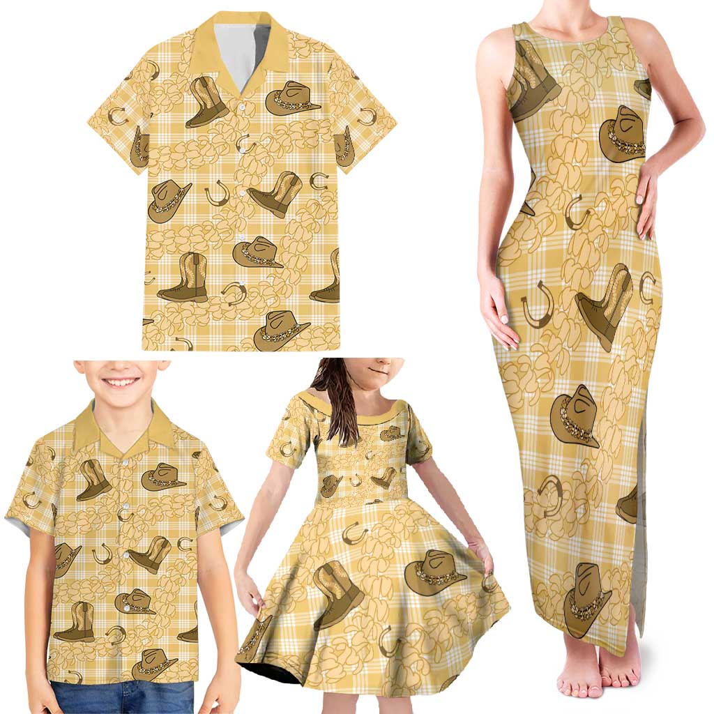 Yellow Palaka Hawaii Cowboy Family Matching Tank Maxi Dress and Hawaiian Shirt Puakenikeni Lei Paniolo Papale Seamless Vibes - Polynesian Pride