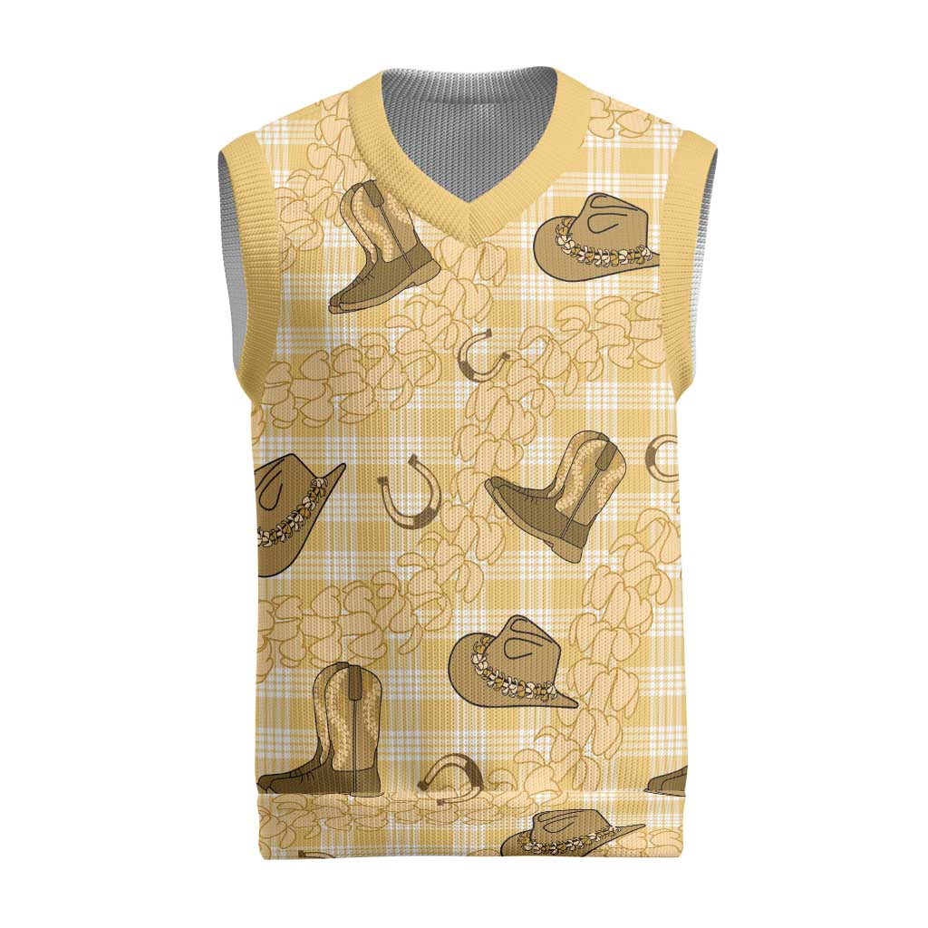 Yellow Palaka Hawaii Cowboy Christmas Knitted V-Neck Vest Puakenikeni Lei Paniolo Papale Seamless Vibes - Polynesian Pride