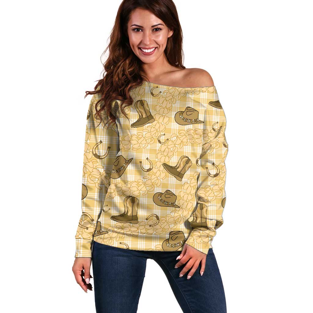 Yellow Palaka Hawaii Cowboy Off Shoulder Sweater Puakenikeni Lei Paniolo Papale Seamless Vibes - Polynesian Pride