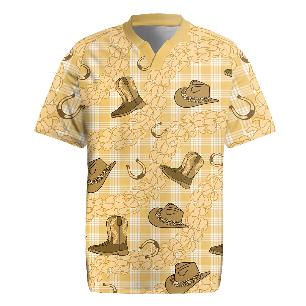 Yellow Palaka Hawaii Cowboy Rugby Jersey Puakenikeni Lei Paniolo Papale Seamless Vibes - Polynesian Pride