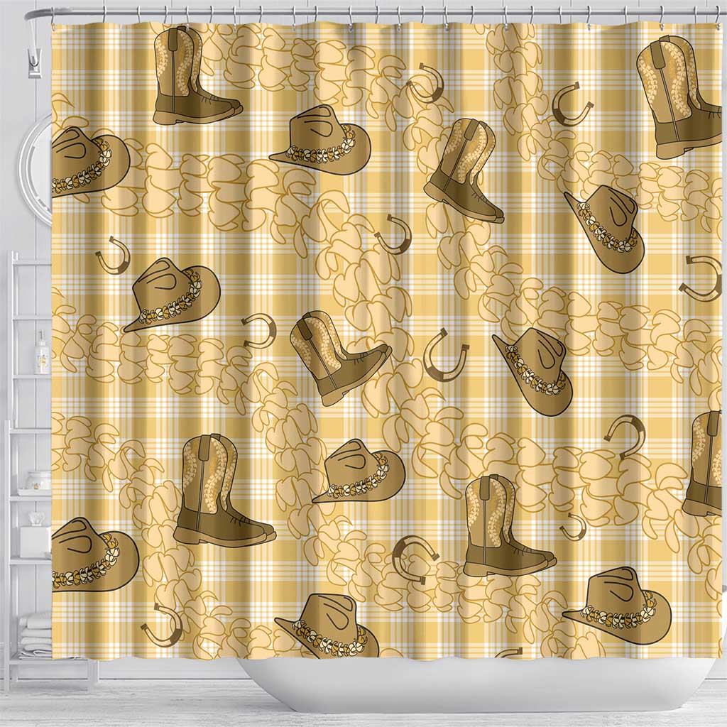 Yellow Palaka Hawaii Cowboy Shower Curtain Puakenikeni Lei Paniolo Papale Seamless Vibes - Polynesian Pride