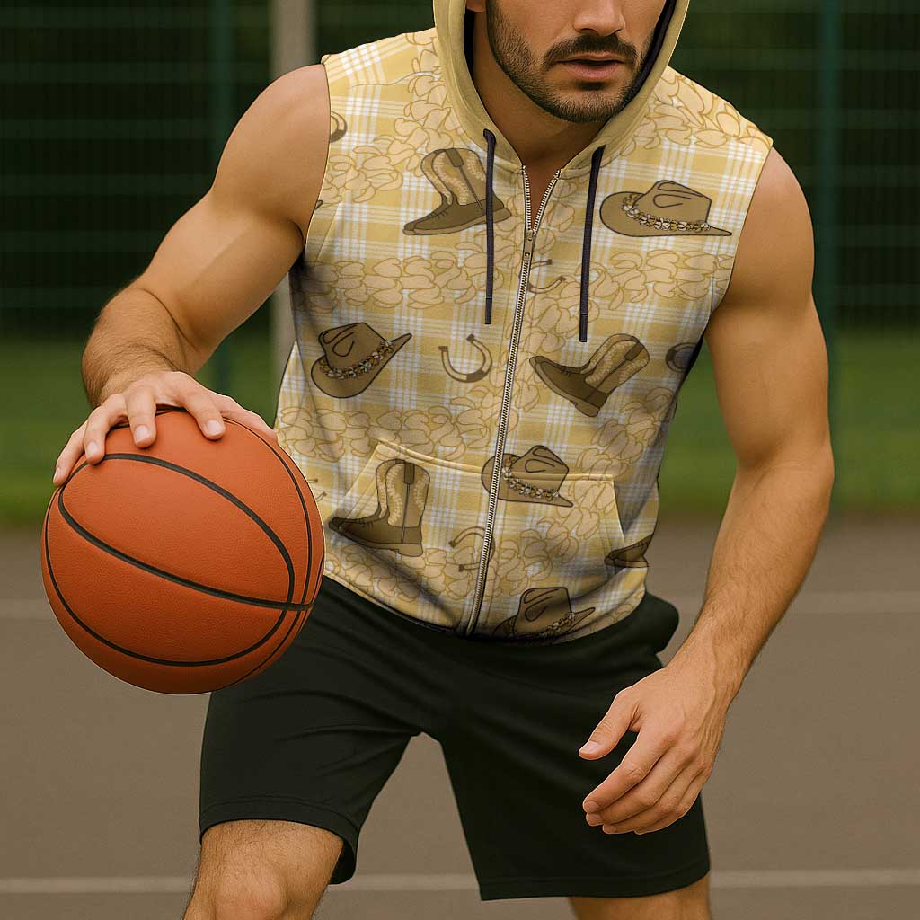 Yellow Palaka Hawaii Cowboy Sleeveless Zip Hoodie Puakenikeni Lei Paniolo Papale Seamless Vibes - Polynesian Pride