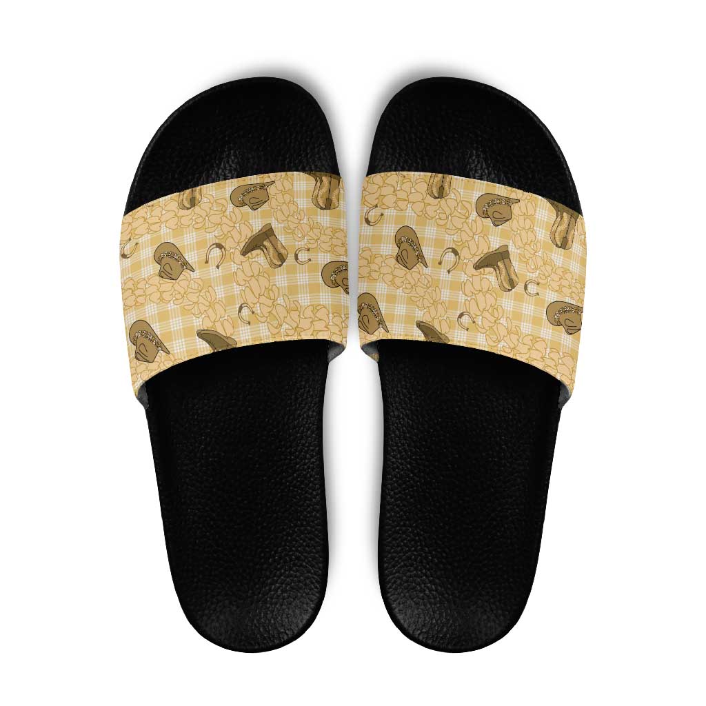 Yellow Palaka Hawaii Cowboy Slide Sandals Puakenikeni Lei Paniolo Papale Seamless Vibes - Polynesian Pride