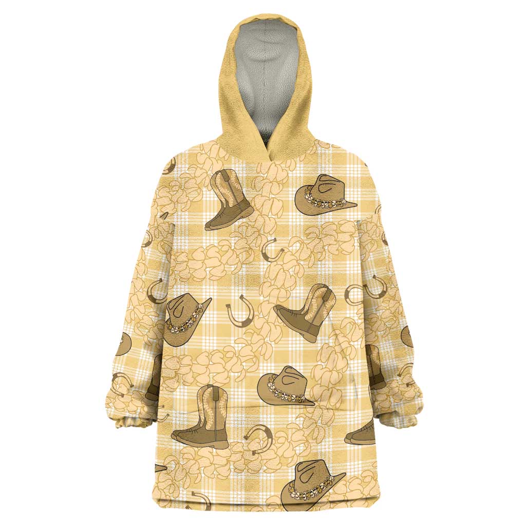 Yellow Palaka Hawaii Cowboy Wearable Blanket Hoodie Puakenikeni Lei Paniolo Papale Seamless Vibes - Polynesian Pride
