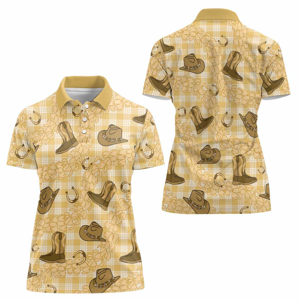 Yellow Palaka Hawaii Cowboy Women Polo Shirt Puakenikeni Lei Paniolo Papale Seamless Vibes - Polynesian Pride