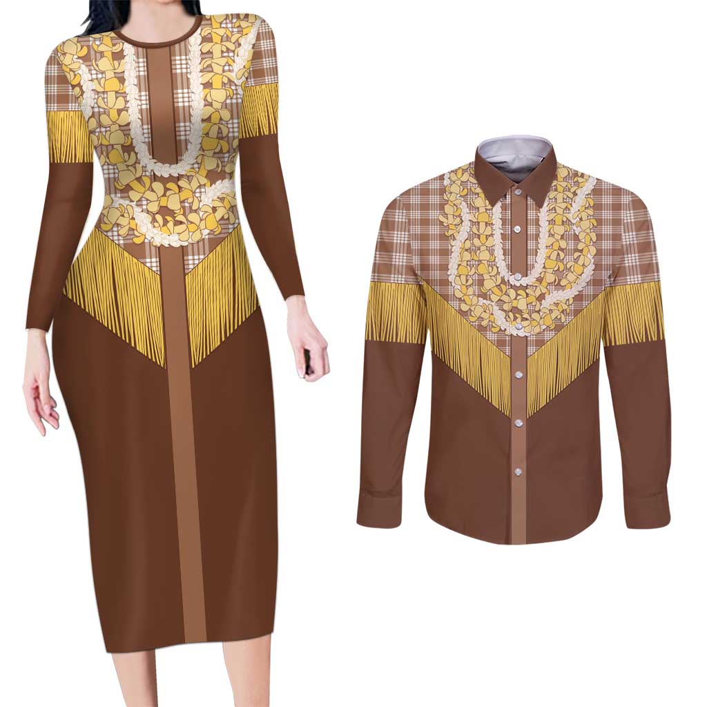 Aloha Hawaii Cowboy Custome Couples Matching Long Sleeve Bodycon Dress and Long Sleeve Button Shirt Puakenikeni Lei Palaka Tassel Style - Polynesian Pride