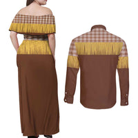 Aloha Hawaii Cowboy Custome Couples Matching Off Shoulder Maxi Dress and Long Sleeve Button Shirt Puakenikeni Lei Palaka Tassel Style - Polynesian Pride