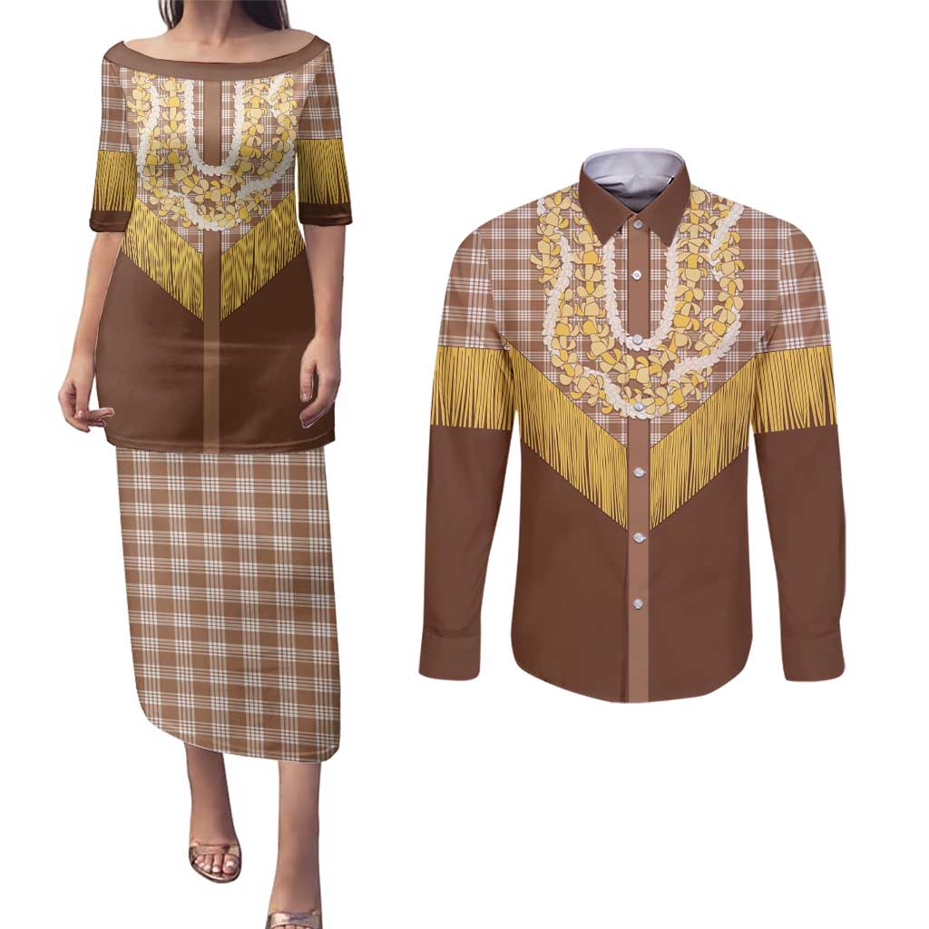 Aloha Hawaii Cowboy Custome Couples Matching Puletasi and Long Sleeve Button Shirt Puakenikeni Lei Palaka Tassel Style - Polynesian Pride