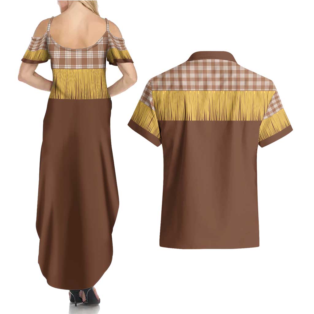 Aloha Hawaii Cowboy Custome Couples Matching Summer Maxi Dress and Hawaiian Shirt Puakenikeni Lei Palaka Tassel Style - Polynesian Pride