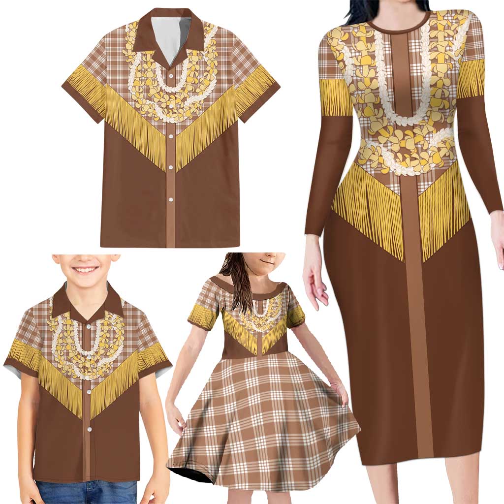 Aloha Hawaii Cowboy Custome Family Matching Long Sleeve Bodycon Dress and Hawaiian Shirt Puakenikeni Lei Palaka Tassel Style - Polynesian Pride