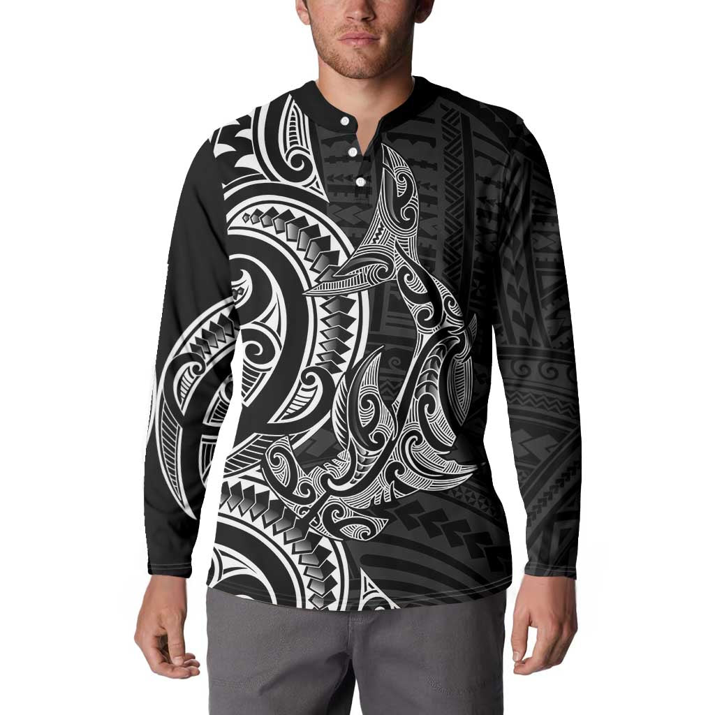 New Zealand Hammerhead Shark Button Sweatshirt Maori Haehae Mangopare Black - Polynesian Pride