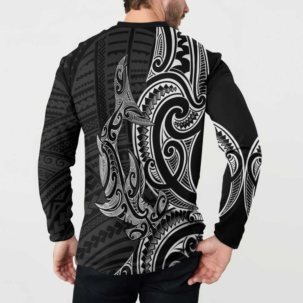 New Zealand Hammerhead Shark Button Sweatshirt Maori Haehae Mangopare Black - Polynesian Pride