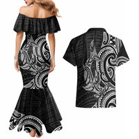 New Zealand Hammerhead Shark Couples Matching Mermaid Dress and Hawaiian Shirt Maori Haehae Mangopare Black - Polynesian Pride