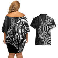 New Zealand Hammerhead Shark Couples Matching Off Shoulder Short Dress and Hawaiian Shirt Maori Haehae Mangopare Black - Polynesian Pride