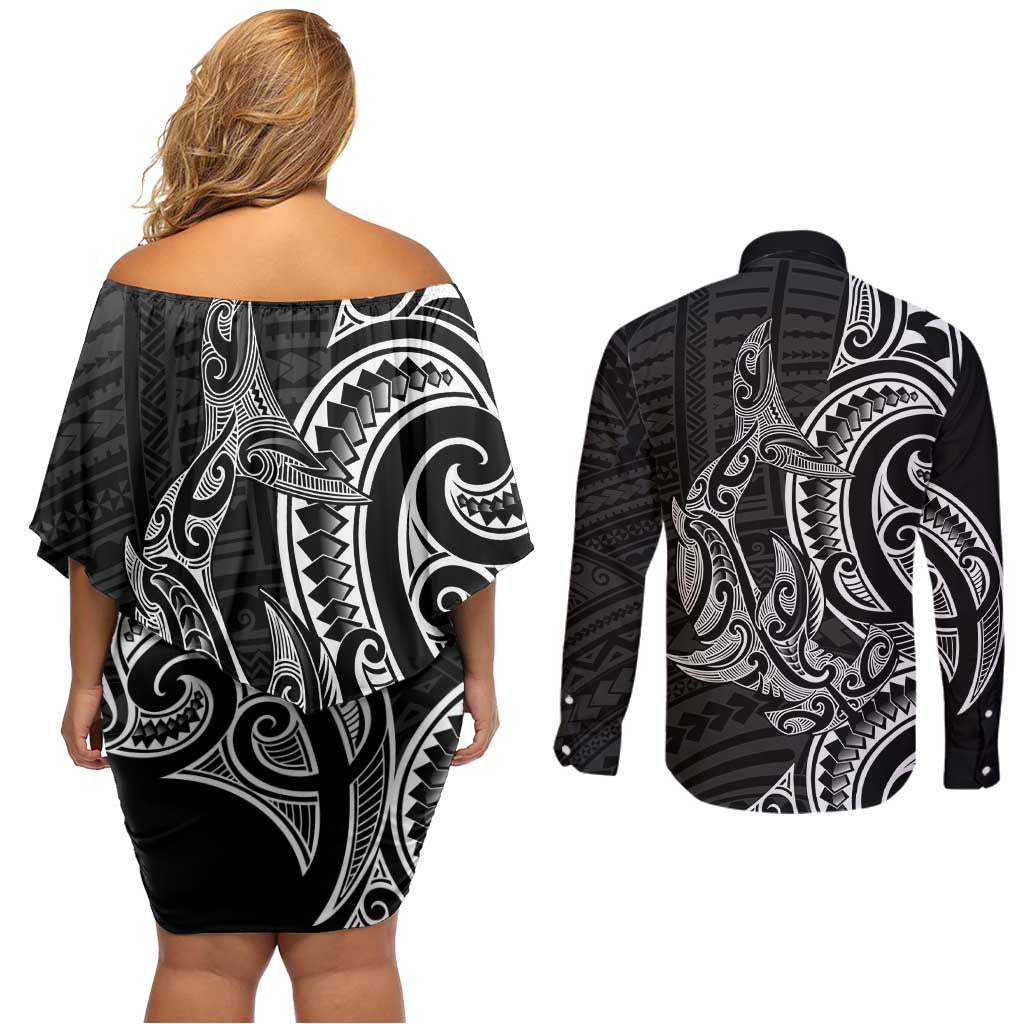 New Zealand Hammerhead Shark Couples Matching Off Shoulder Short Dress and Long Sleeve Button Shirt Maori Haehae Mangopare Black - Polynesian Pride