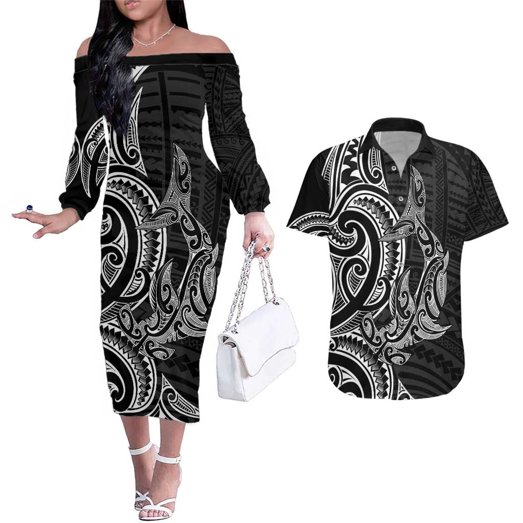 New Zealand Hammerhead Shark Couples Matching Off The Shoulder Long Sleeve Dress and Hawaiian Shirt Maori Haehae Mangopare Black - Polynesian Pride