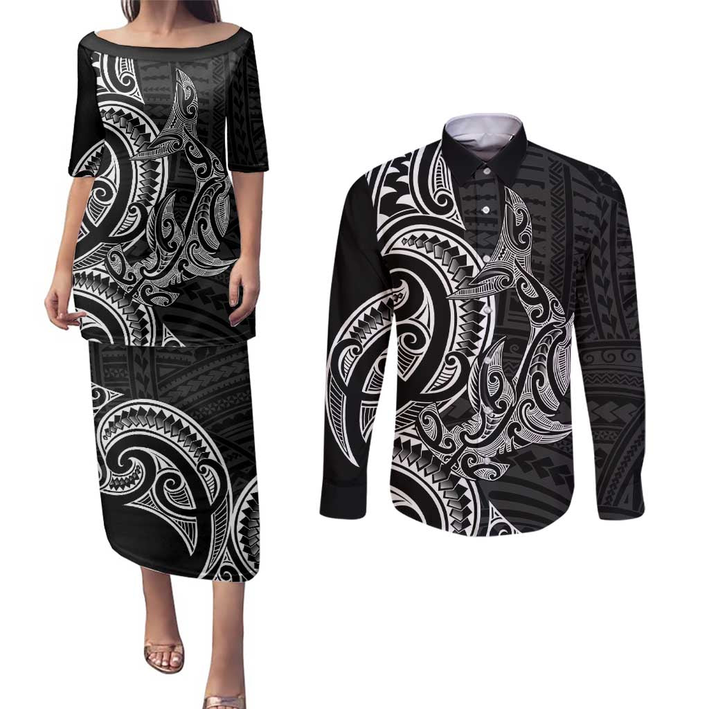 New Zealand Hammerhead Shark Couples Matching Puletasi and Long Sleeve Button Shirt Maori Haehae Mangopare Black - Polynesian Pride