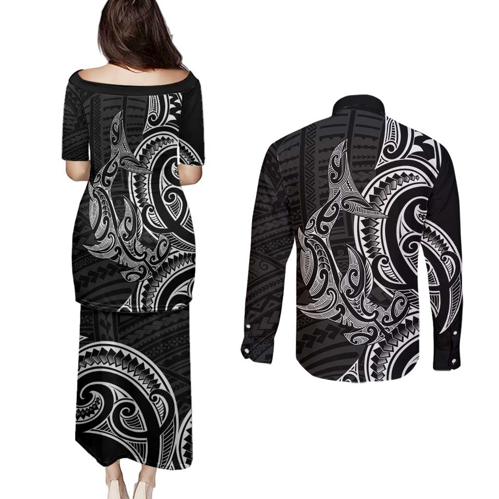 New Zealand Hammerhead Shark Couples Matching Puletasi and Long Sleeve Button Shirt Maori Haehae Mangopare Black - Polynesian Pride