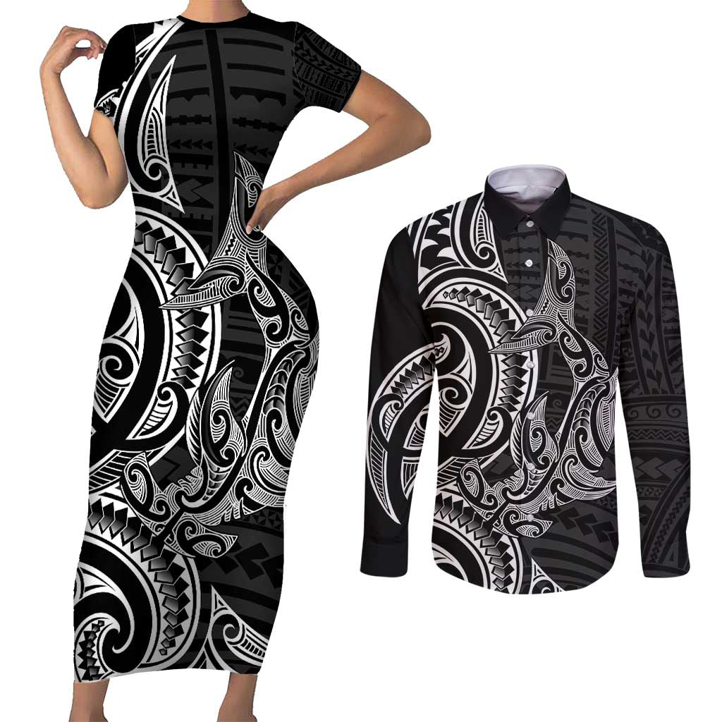 New Zealand Hammerhead Shark Couples Matching Short Sleeve Bodycon Dress and Long Sleeve Button Shirt Maori Haehae Mangopare Black - Polynesian Pride
