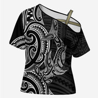 New Zealand Hammerhead Shark Cross Shoulder Shirt Maori Haehae Mangopare Black - Polynesian Pride