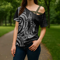 New Zealand Hammerhead Shark Cross Shoulder Shirt Maori Haehae Mangopare Black - Polynesian Pride