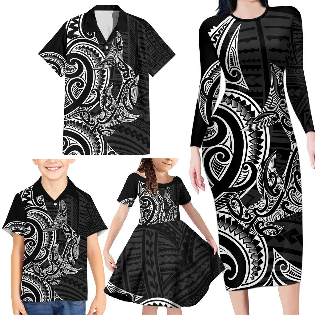 New Zealand Hammerhead Shark Family Matching Long Sleeve Bodycon Dress and Hawaiian Shirt Maori Haehae Mangopare Black - Polynesian Pride