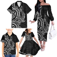 New Zealand Hammerhead Shark Family Matching Off The Shoulder Long Sleeve Dress and Hawaiian Shirt Maori Haehae Mangopare Black - Polynesian Pride
