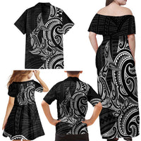 New Zealand Hammerhead Shark Family Matching Off Shoulder Maxi Dress and Hawaiian Shirt Maori Haehae Mangopare Black - Polynesian Pride