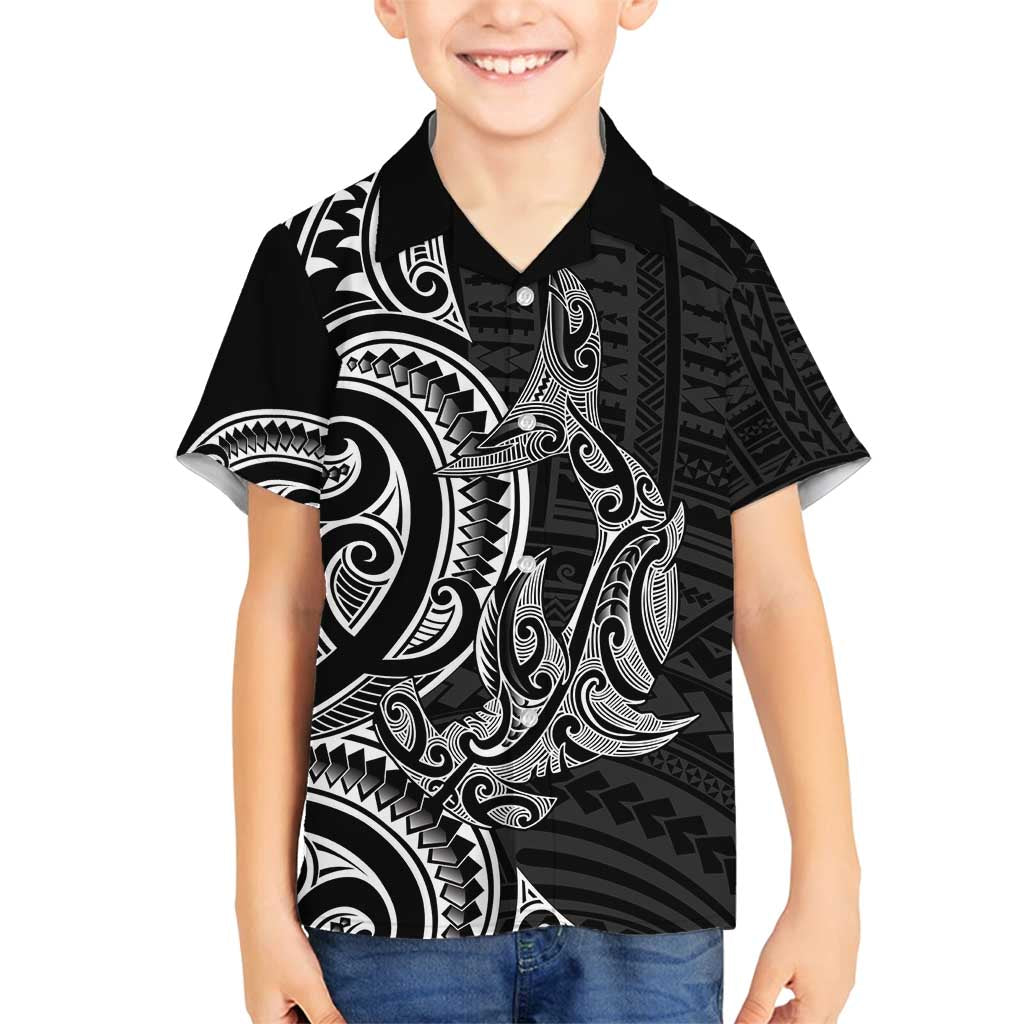 New Zealand Hammerhead Shark Family Matching Off Shoulder Short Dress and Hawaiian Shirt Maori Haehae Mangopare Black - Polynesian Pride