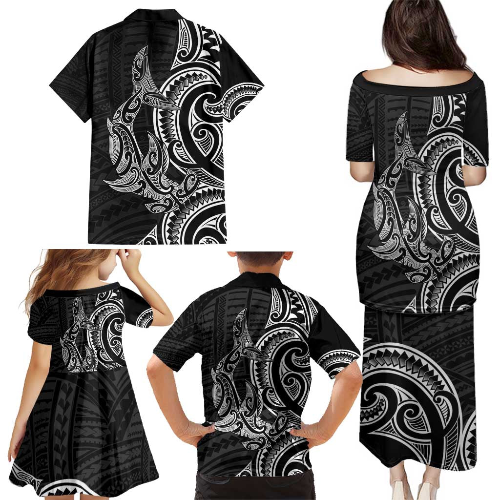 New Zealand Hammerhead Shark Family Matching Puletasi and Hawaiian Shirt Maori Haehae Mangopare Black - Polynesian Pride