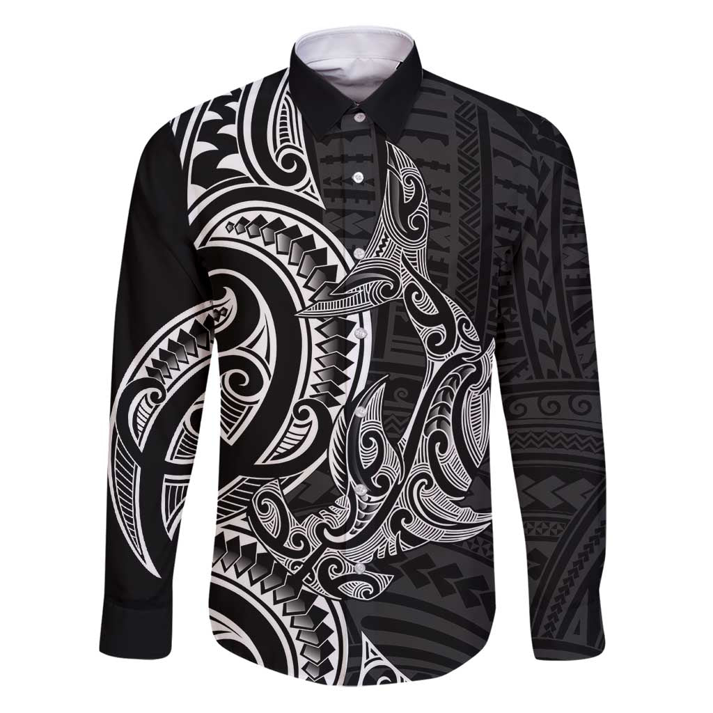 New Zealand Hammerhead Shark Family Matching Puletasi and Hawaiian Shirt Maori Haehae Mangopare Black - Polynesian Pride