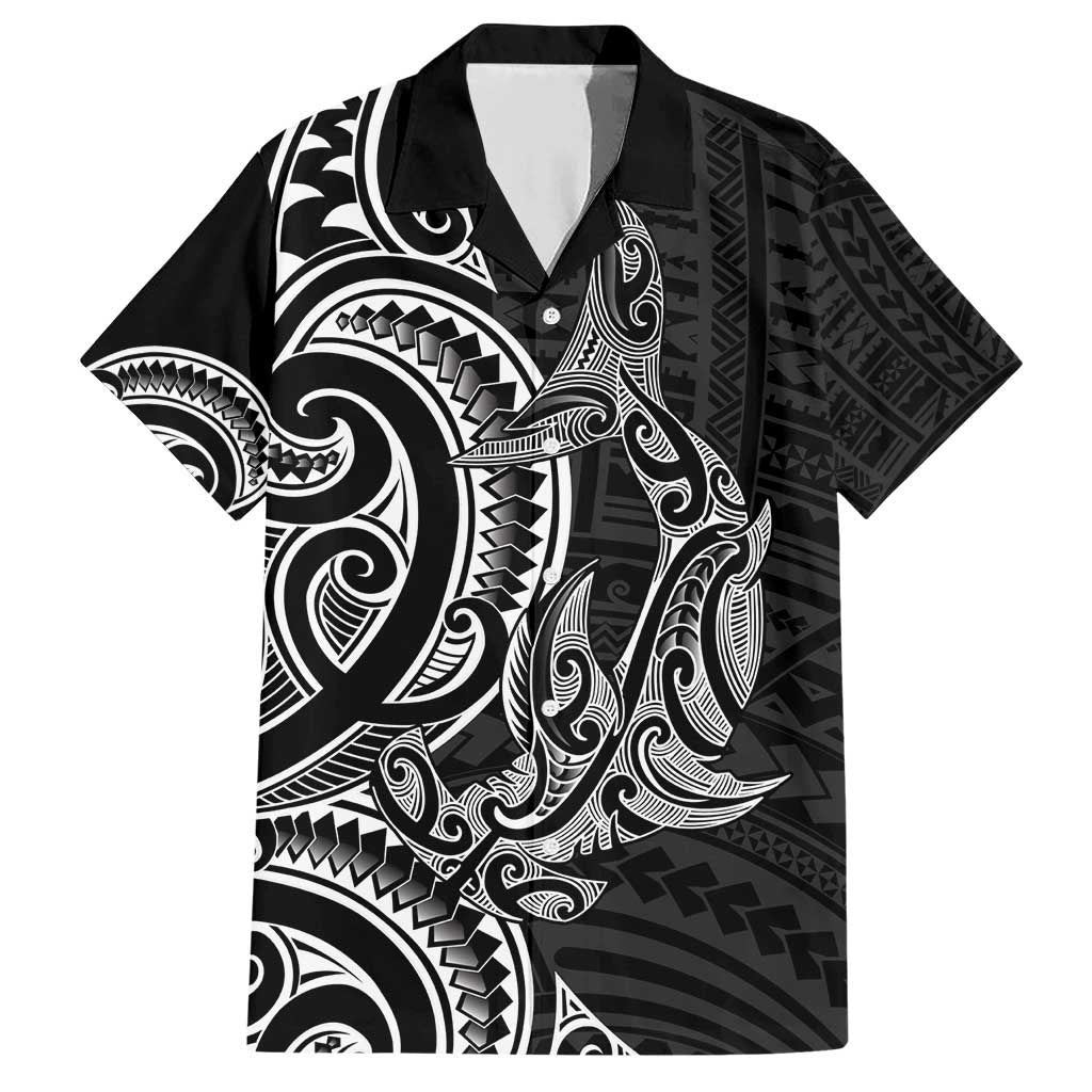 New Zealand Hammerhead Shark Family Matching Short Sleeve Bodycon Dress and Hawaiian Shirt Maori Haehae Mangopare Black - Polynesian Pride